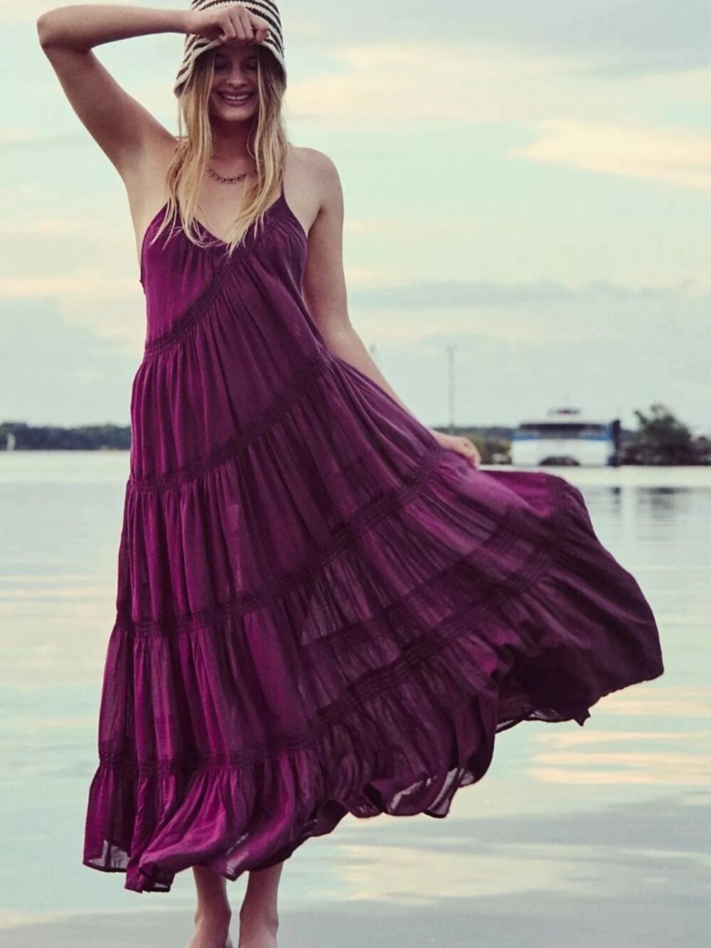 Free People Free-Est Robe Horizon Coast Maxi Dress Sheer Tiered Purple M 290469